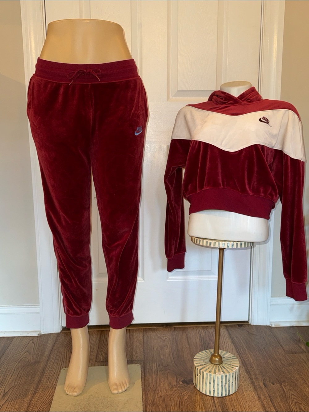 Nike Maroon and White Velour Hoodie & Jogger Set